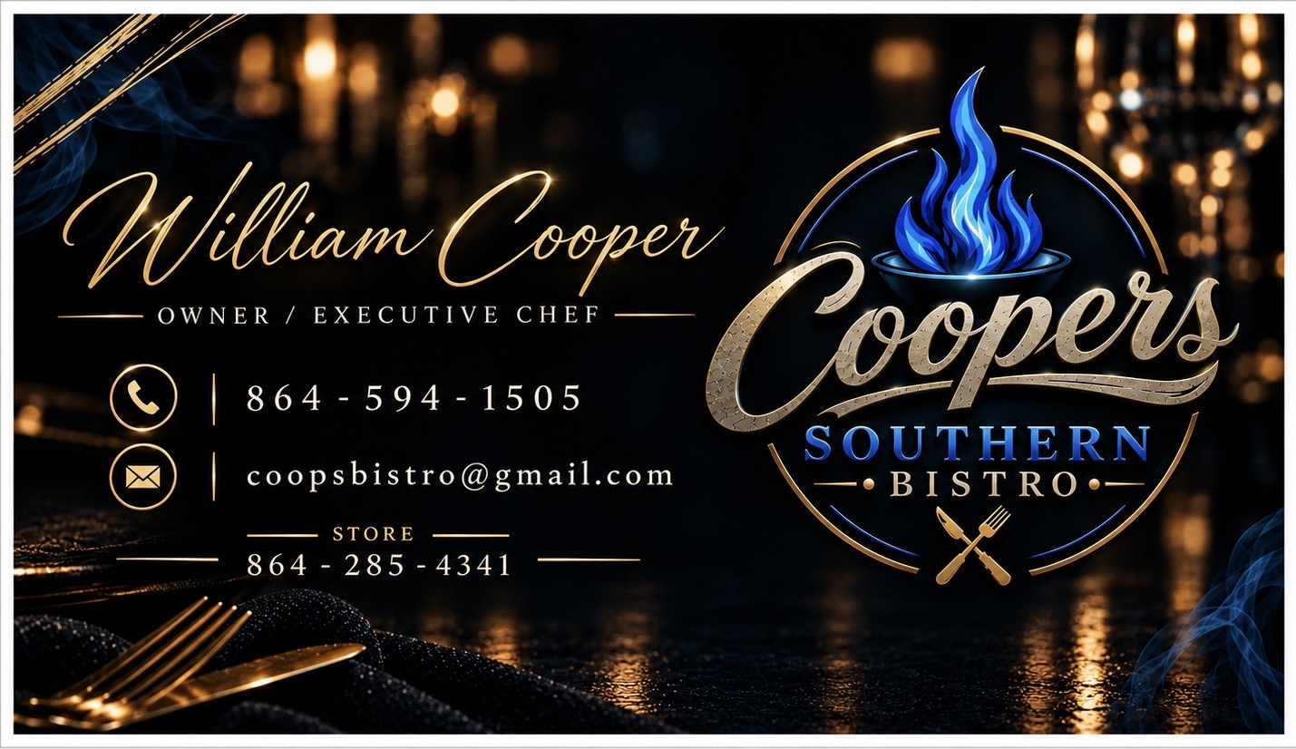 Business card for William Cooper, Owner and Executive Chef