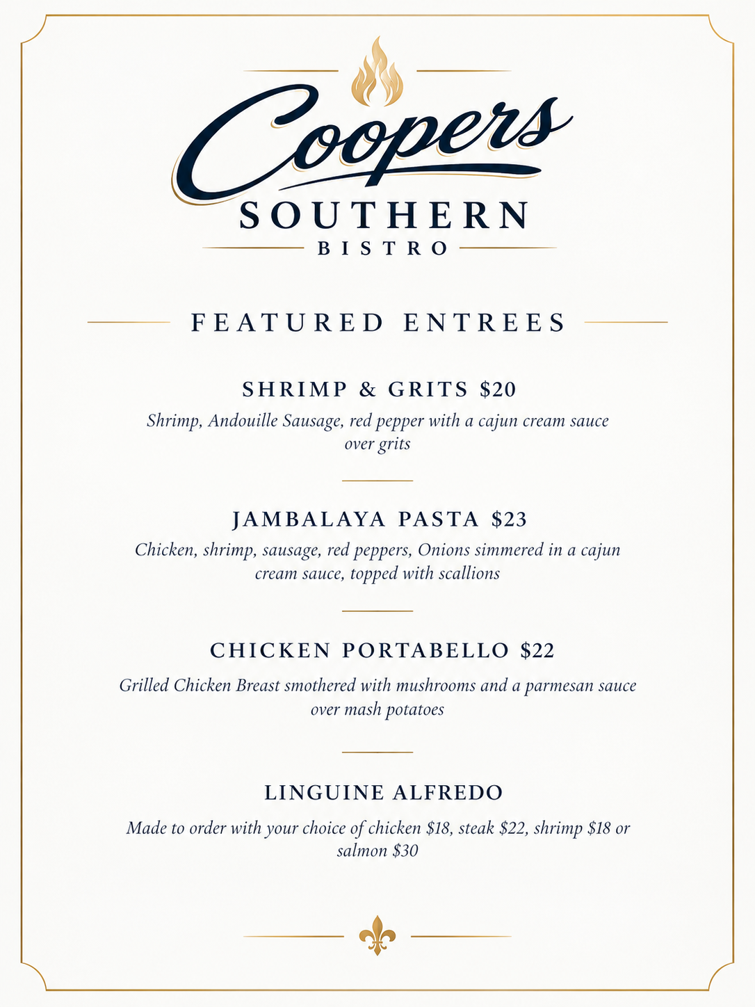 Cooper’s Southern Bistro featured entrees — shrimp and grits, jambalaya pasta, chicken portabello, and linguine alfredo made to order