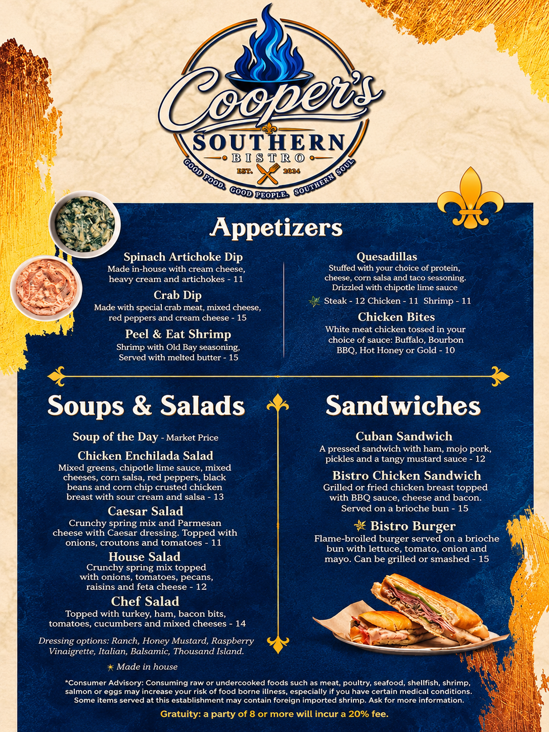 Cooper’s Southern Bistro menu page one — appetizers, soups and salads, and sandwiches