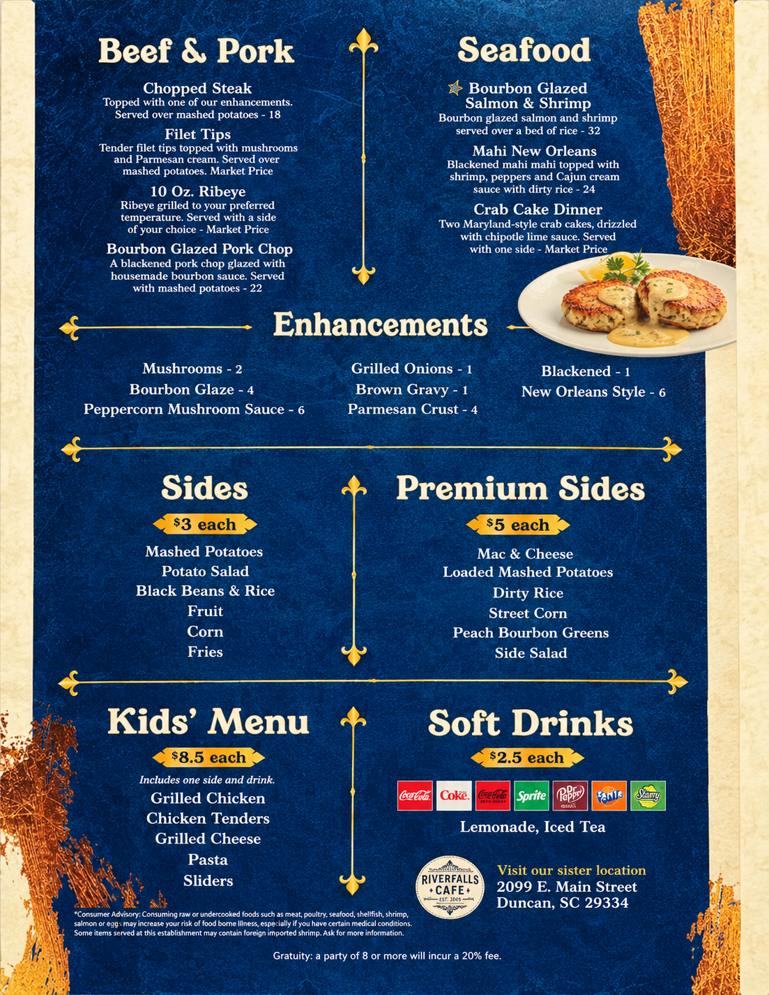 Cooper’s Southern Bistro menu page two — beef and pork, seafood, enhancements, sides, kids’ menu and soft drinks